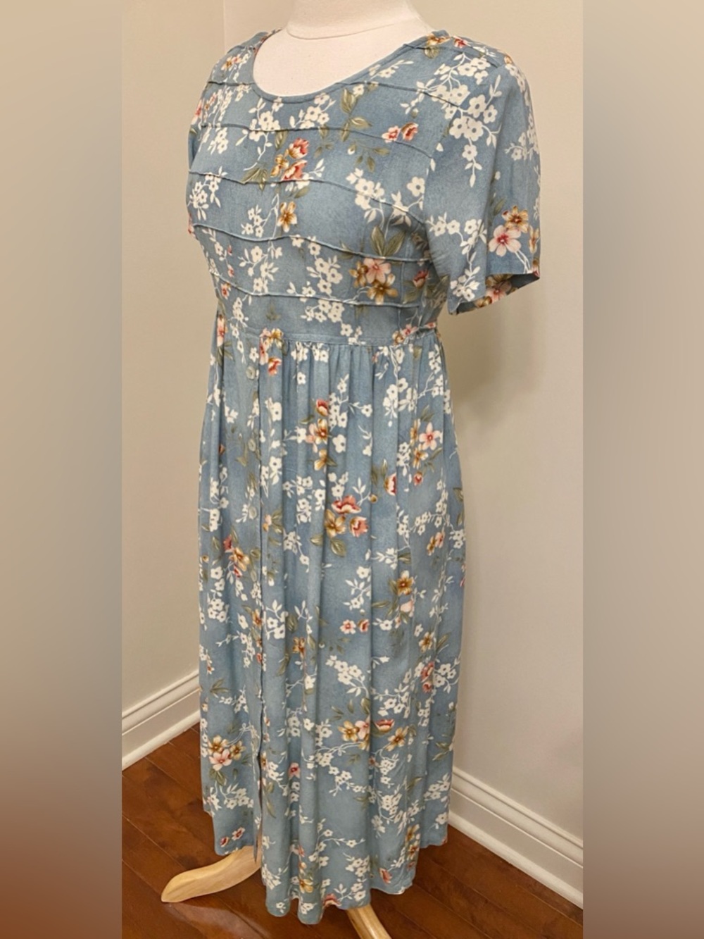 Erika & Co Petites Vintage 90s Blue Pink Floral SZ SP Cottagecore Romantic Dress - Picture 5 of 12